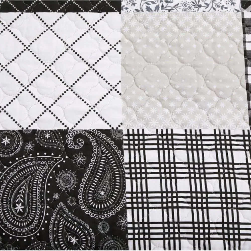 Farmhouse Black and White Reversible Patchwork King Quilt Set Matching Tote Bag